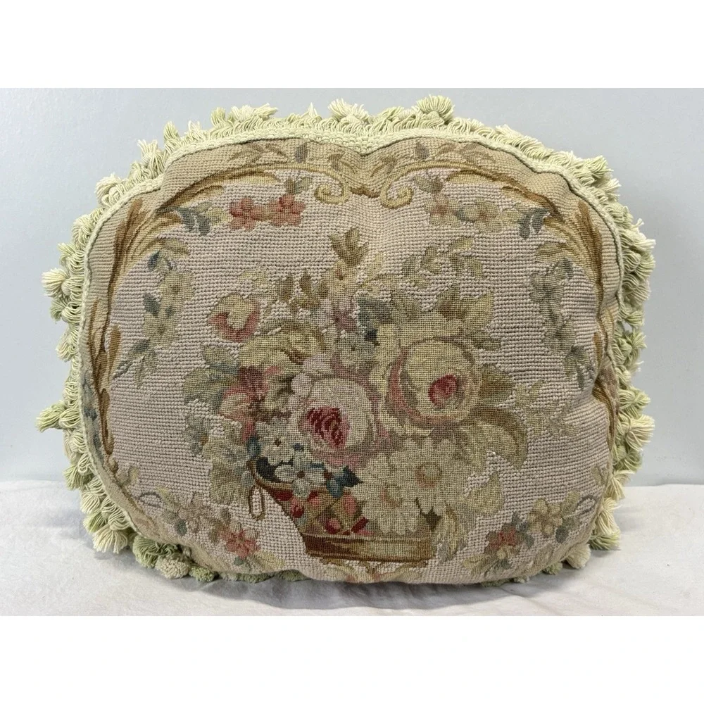 Vtg Aubusson Needlepoint Pillow Floral Bouquet Roses French Chic Petit Point